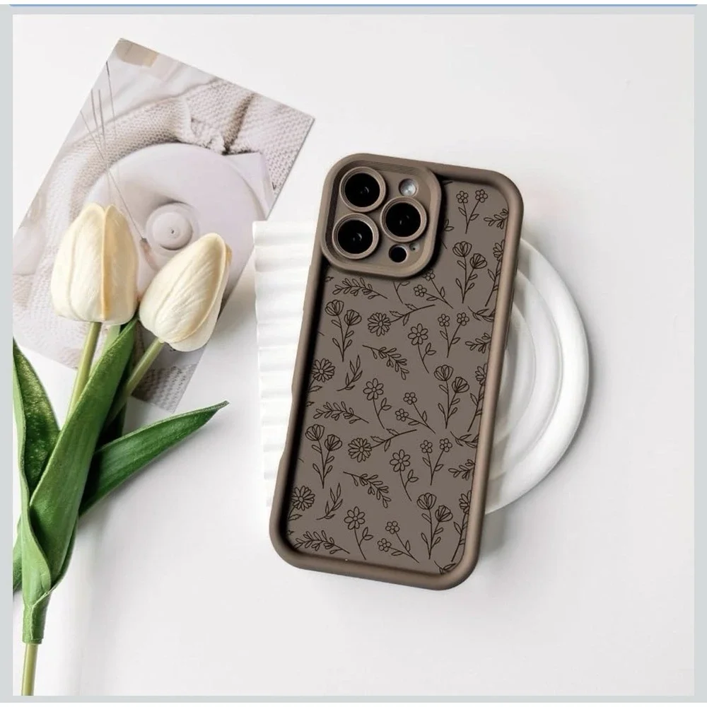 D0043-iPhone 16 Pro Case Coffee Brown Floral Shockproof Cover 6.3 inch 2024